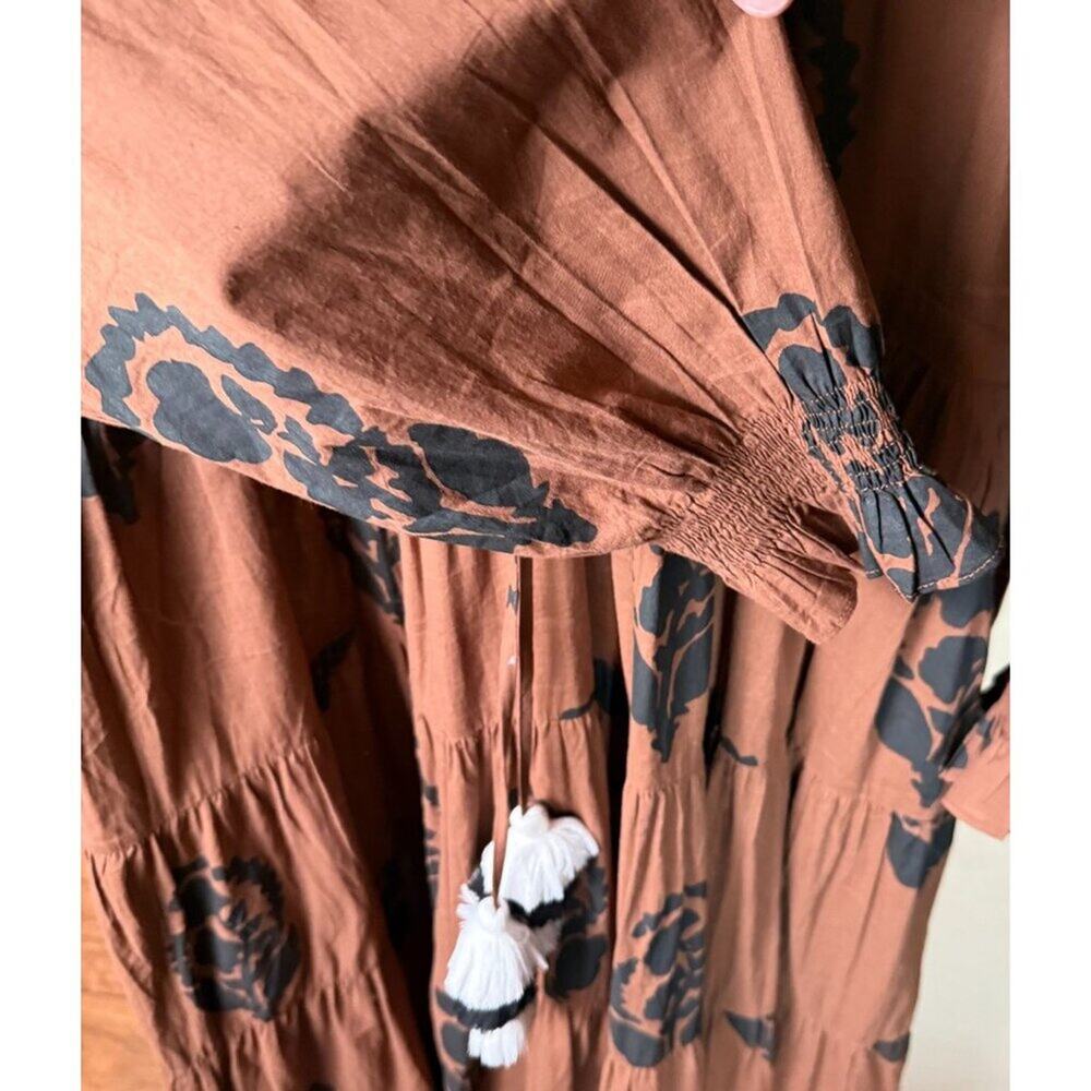 Anthropologie Omika Tiered Midi Long Sleeve Boho Resort Dress Brown Tassel XL - Picture 5 of 9